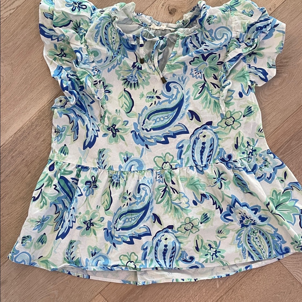 Women’s Floral Paisley Ruffle Sleeve Top - Blue & Green
